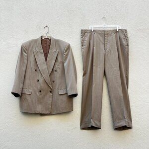 Vintage 90s Valentino Taupe Tan Pinstriped Tailored 2 Piece Suit 46R/40W